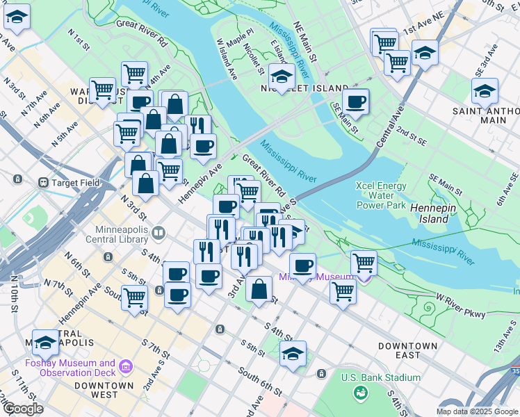 map of restaurants, bars, coffee shops, grocery stores, and more near 115 2nd Avenue South in Minneapolis
