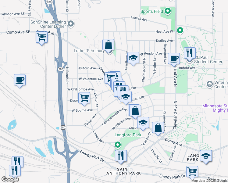 map of restaurants, bars, coffee shops, grocery stores, and more near 2300 Como Avenue in Saint Paul