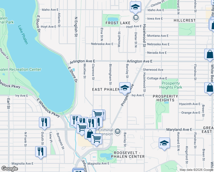 map of restaurants, bars, coffee shops, grocery stores, and more near 1344 Birmingham Street in Saint Paul