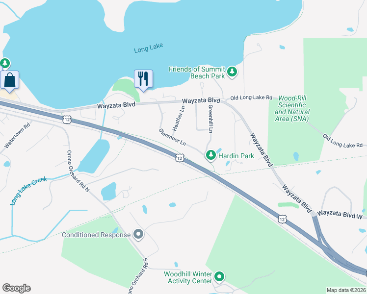 map of restaurants, bars, coffee shops, grocery stores, and more near 213 Glenmoor Lane in Long Lake