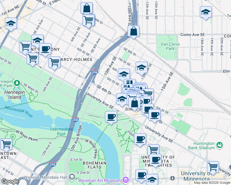 map of restaurants, bars, coffee shops, grocery stores, and more near 409 12th Avenue Southeast in Minneapolis