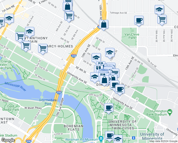 map of restaurants, bars, coffee shops, grocery stores, and more near 1111 4th Street Southeast in Minneapolis