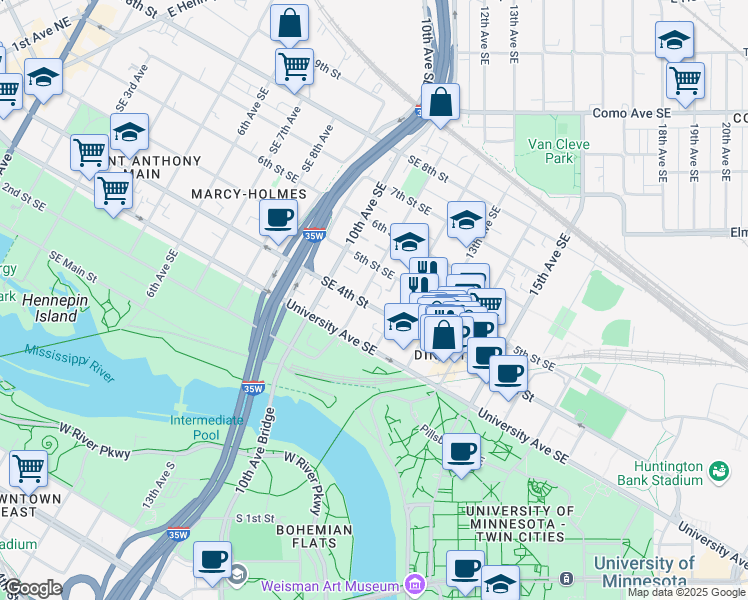 map of restaurants, bars, coffee shops, grocery stores, and more near 1107 4th Street Southeast in Minneapolis