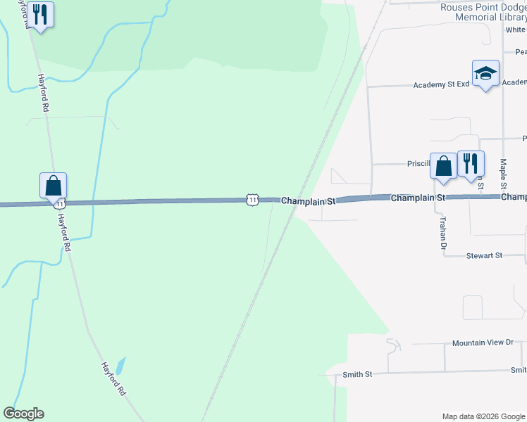 map of restaurants, bars, coffee shops, grocery stores, and more near 2 Fairbanks Road in Champlain