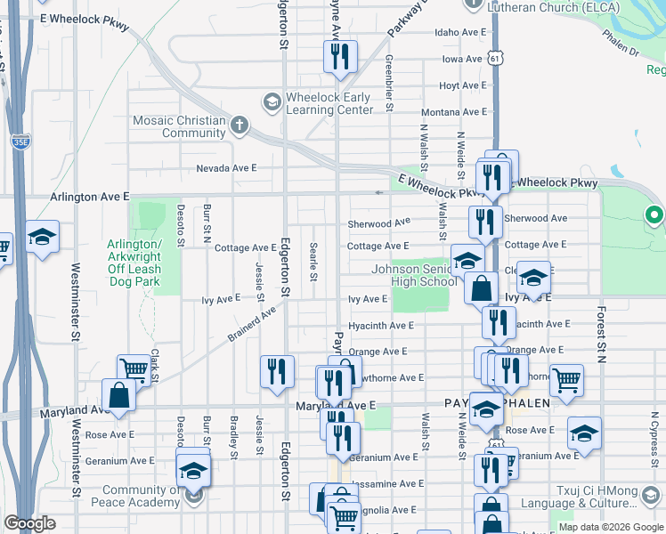 map of restaurants, bars, coffee shops, grocery stores, and more near 1350 Payne Avenue in Saint Paul