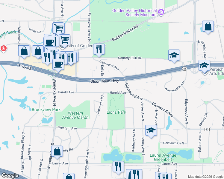 map of restaurants, bars, coffee shops, grocery stores, and more near 7218 Harold Avenue in Minneapolis