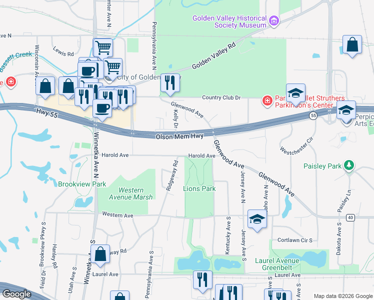 map of restaurants, bars, coffee shops, grocery stores, and more near 7218 Harold Avenue in Minneapolis