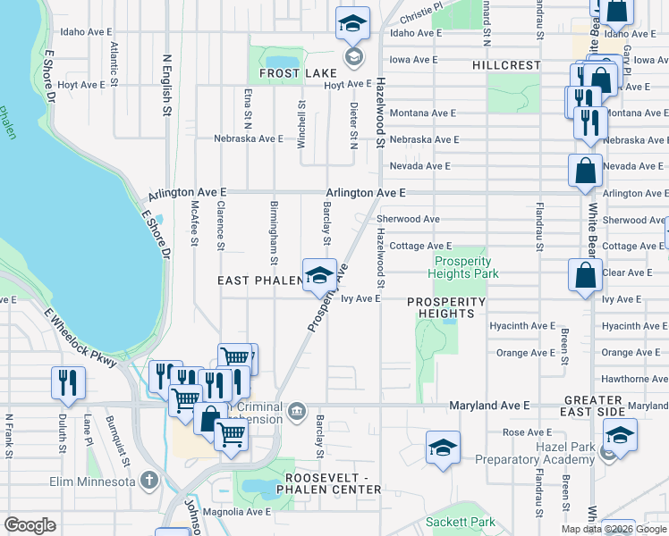 map of restaurants, bars, coffee shops, grocery stores, and more near 1348 Barclay Street in Saint Paul