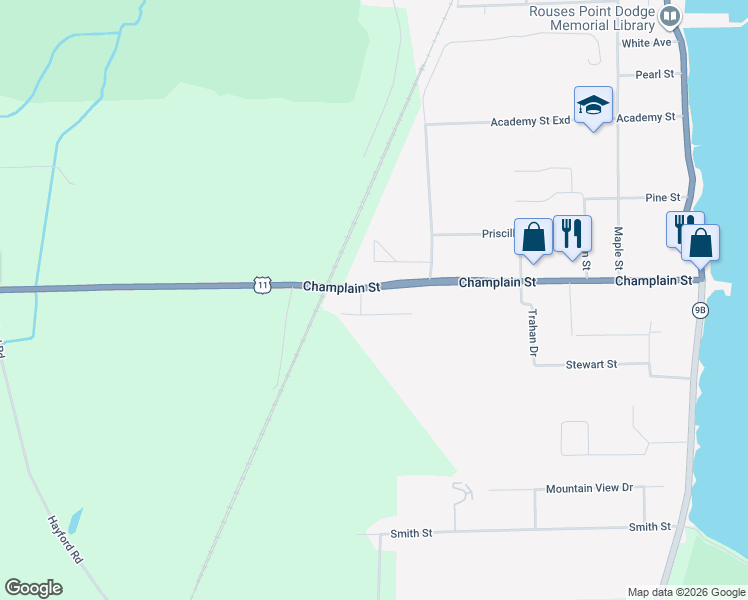 map of restaurants, bars, coffee shops, grocery stores, and more near 105 Champlain Street in Rouses Point