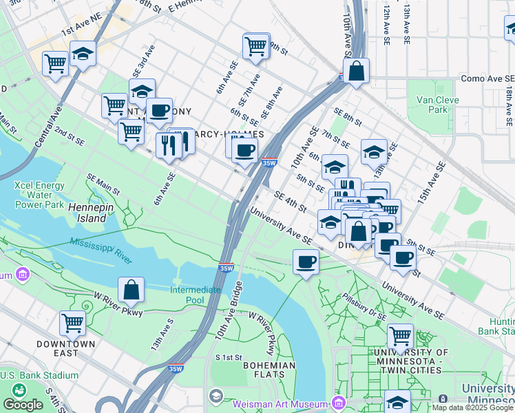 map of restaurants, bars, coffee shops, grocery stores, and more near 915 University Avenue Southeast in Minneapolis