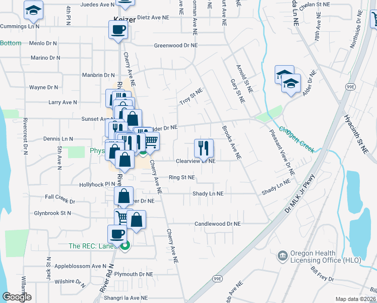 map of restaurants, bars, coffee shops, grocery stores, and more near 1165 Clearview Avenue Northeast in Keizer