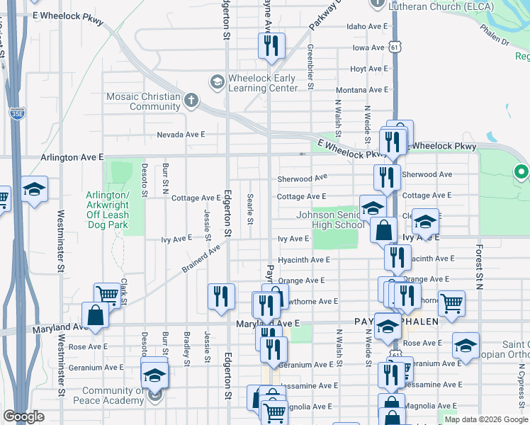 map of restaurants, bars, coffee shops, grocery stores, and more near 1350 Payne Avenue in Saint Paul