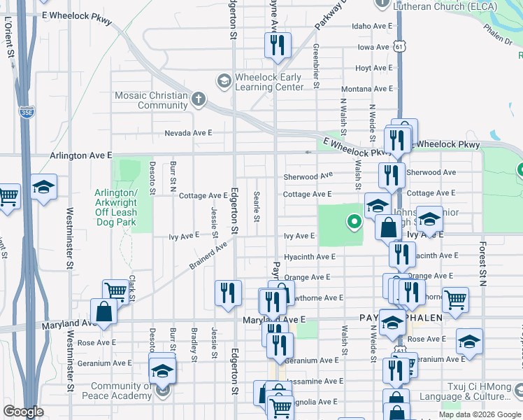 map of restaurants, bars, coffee shops, grocery stores, and more near 1357 Searle Street in Saint Paul
