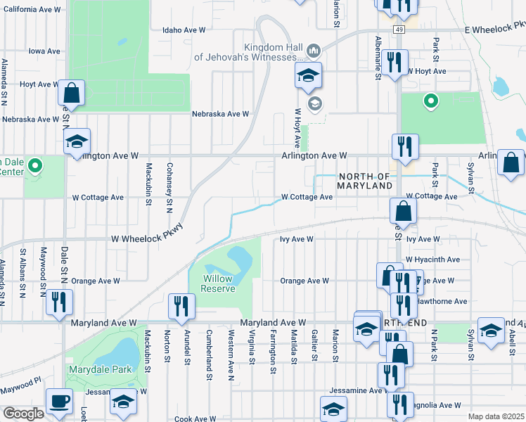 map of restaurants, bars, coffee shops, grocery stores, and more near 1355 Farrington Street in Saint Paul