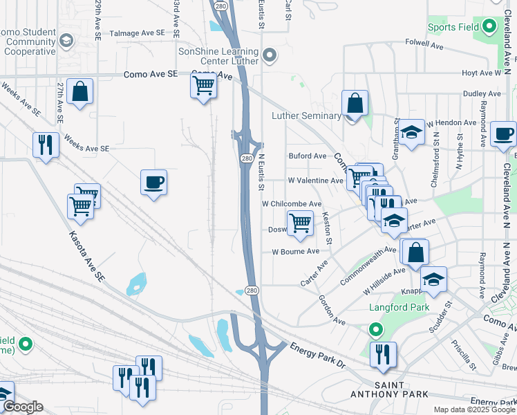 map of restaurants, bars, coffee shops, grocery stores, and more near 1365 North Eustis Street in Saint Paul