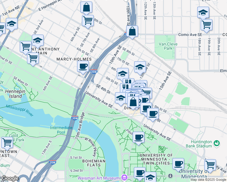 map of restaurants, bars, coffee shops, grocery stores, and more near 409 12th Avenue Southeast in Minneapolis