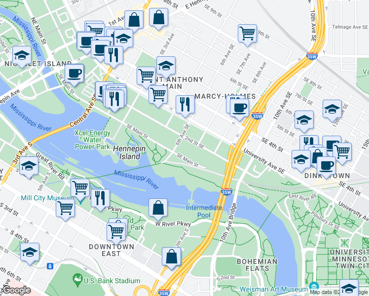 map of restaurants, bars, coffee shops, grocery stores, and more near 701 4th Street Southeast in Minneapolis