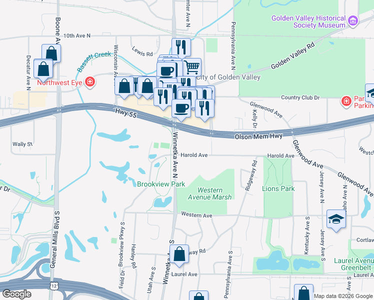map of restaurants, bars, coffee shops, grocery stores, and more near 7830 Harold Avenue in Minneapolis