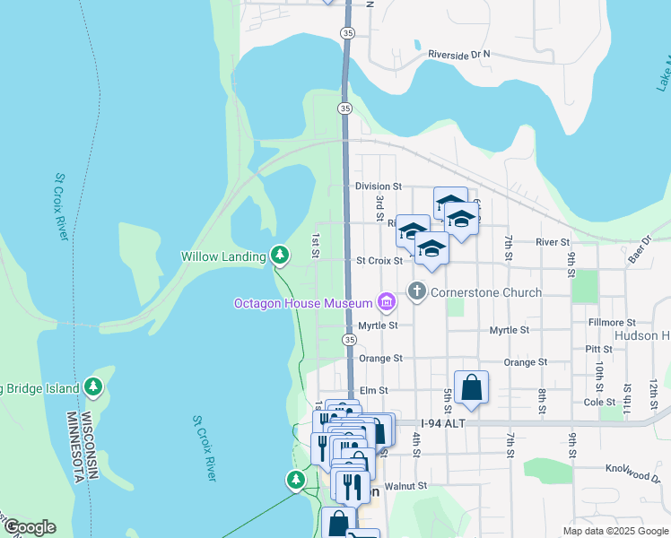 map of restaurants, bars, coffee shops, grocery stores, and more near 1121 2nd Street in Hudson