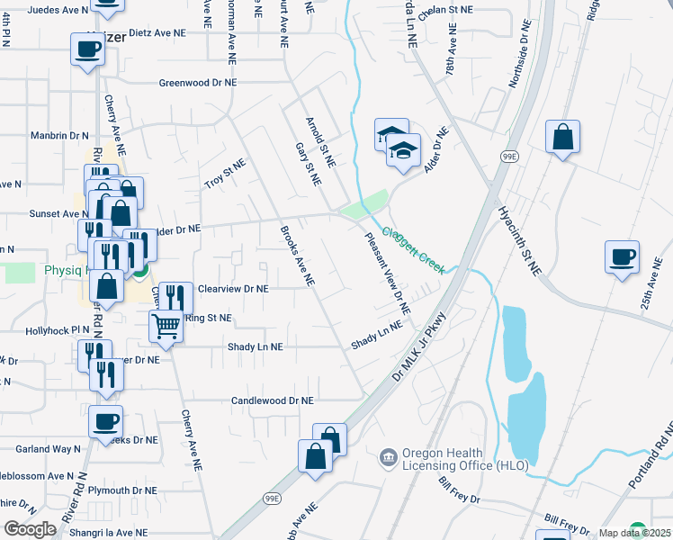 map of restaurants, bars, coffee shops, grocery stores, and more near Woodward Court Northeast in Keizer
