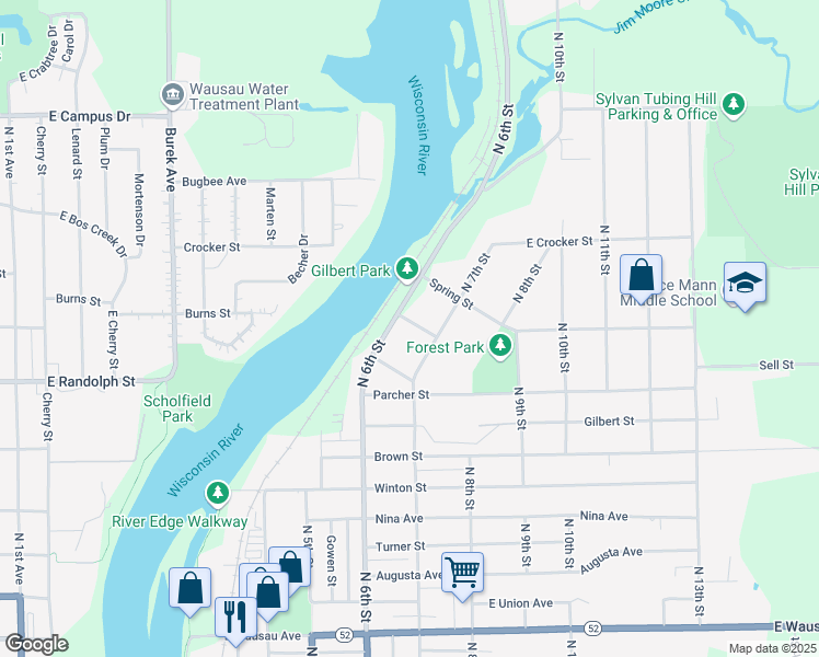 map of restaurants, bars, coffee shops, grocery stores, and more near 611 Birch Street in Wausau