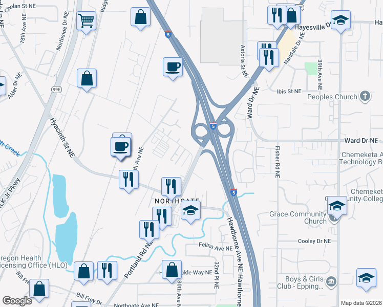 map of restaurants, bars, coffee shops, grocery stores, and more near 2796 Claxter Road Northeast in Salem