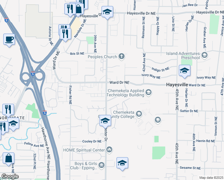 map of restaurants, bars, coffee shops, grocery stores, and more near 4046 Iberis Street Northeast in Salem