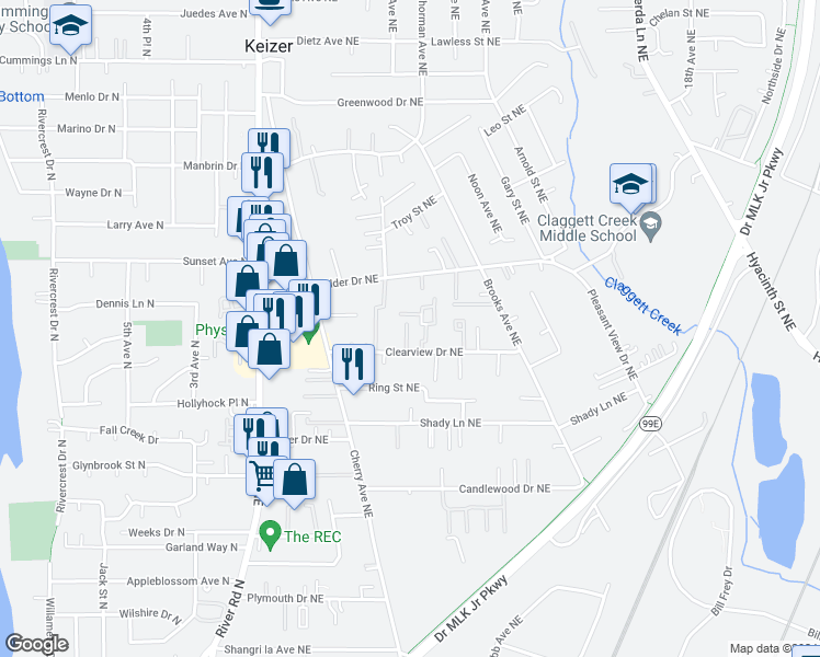 map of restaurants, bars, coffee shops, grocery stores, and more near 1165 Clearview Avenue Northeast in Keizer