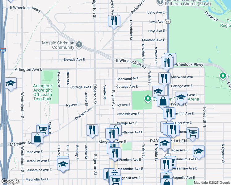 map of restaurants, bars, coffee shops, grocery stores, and more near 1350 Payne Avenue in Saint Paul