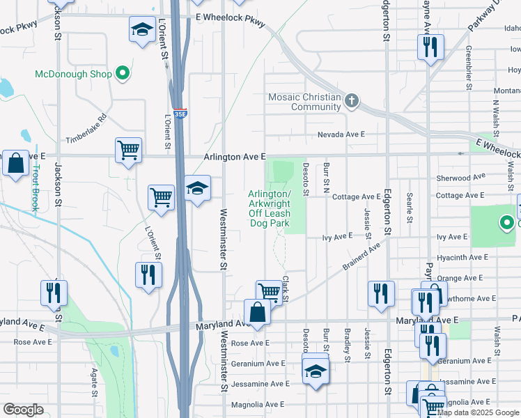 map of restaurants, bars, coffee shops, grocery stores, and more near 1337 Arkwright Street North in Saint Paul