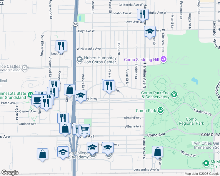 map of restaurants, bars, coffee shops, grocery stores, and more near 1355 Pascal Street in Saint Paul