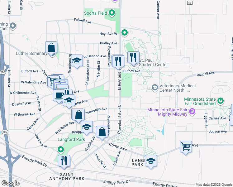 map of restaurants, bars, coffee shops, grocery stores, and more near in Ramsey County