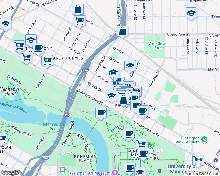 map of restaurants, bars, coffee shops, grocery stores, and more near 409 12th Avenue Southeast in Minneapolis