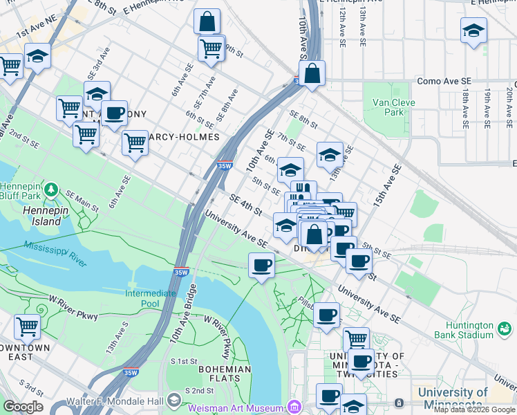 map of restaurants, bars, coffee shops, grocery stores, and more near 400 11th Avenue Southeast in Minneapolis