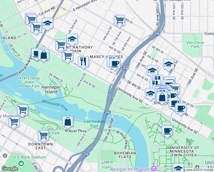 map of restaurants, bars, coffee shops, grocery stores, and more near 807 2nd Street Southeast in Minneapolis