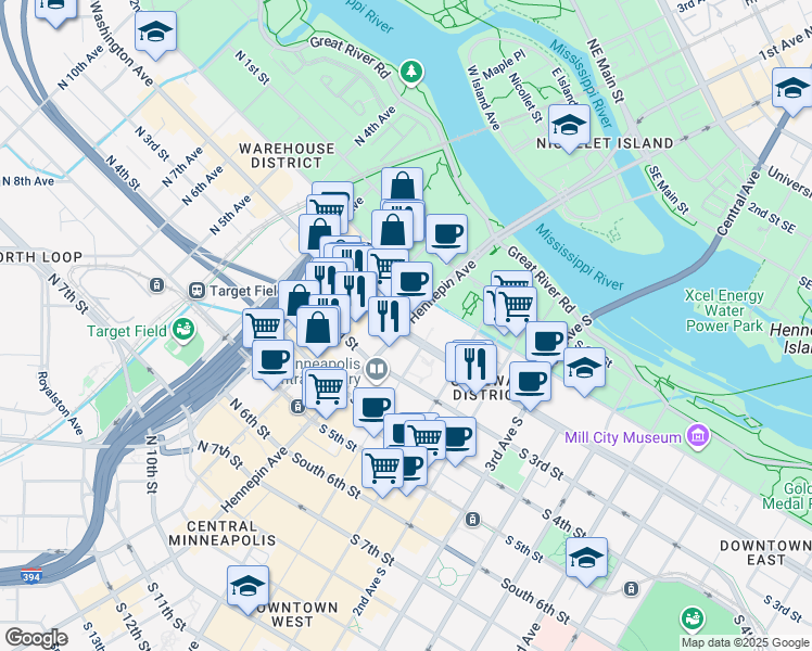 map of restaurants, bars, coffee shops, grocery stores, and more near 5 South Washington Avenue in Minneapolis