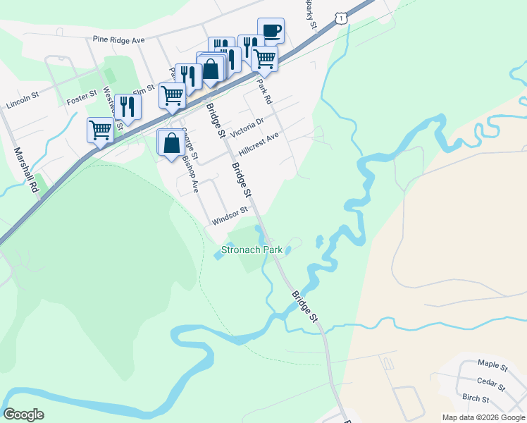 map of restaurants, bars, coffee shops, grocery stores, and more near 1428 Bridge Street in Kingston