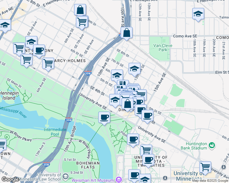 map of restaurants, bars, coffee shops, grocery stores, and more near 409 12th Avenue Southeast in Minneapolis