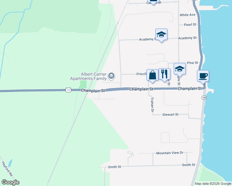 map of restaurants, bars, coffee shops, grocery stores, and more near 8 Columbus Drive in Rouses Point