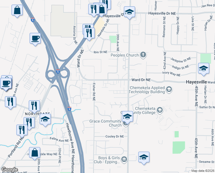 map of restaurants, bars, coffee shops, grocery stores, and more near 4365 Falcon View Way Northeast in Salem