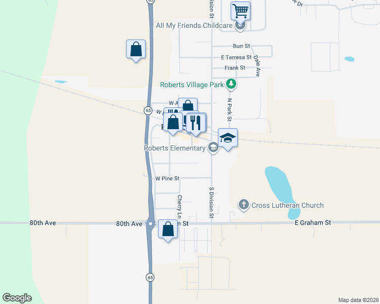 map of restaurants, bars, coffee shops, grocery stores, and more near 105 West Elm Street in Roberts
