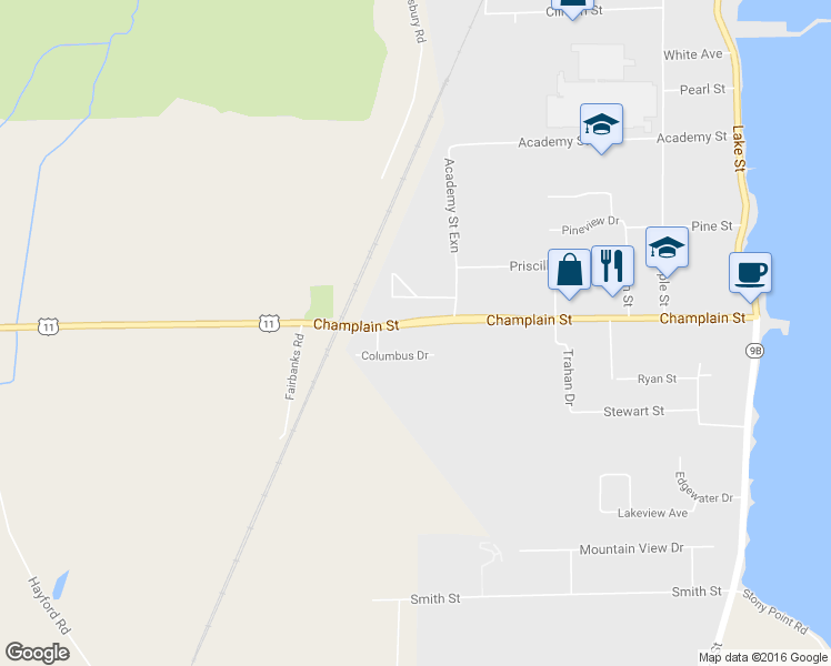 map of restaurants, bars, coffee shops, grocery stores, and more near 99 Champlain Street in Rouses Point