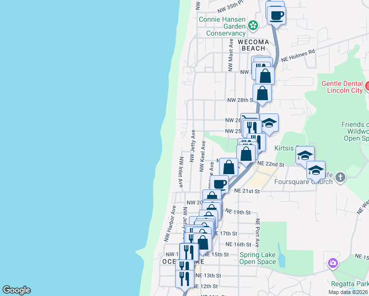 map of restaurants, bars, coffee shops, grocery stores, and more near 2322 Northwest Inlet Avenue in Lincoln City
