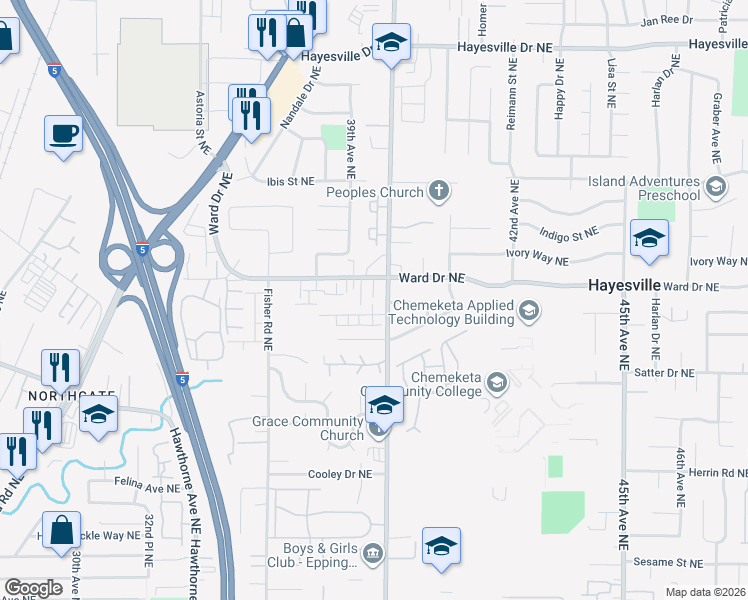 map of restaurants, bars, coffee shops, grocery stores, and more near 3942 Ward Drive Northeast in Salem