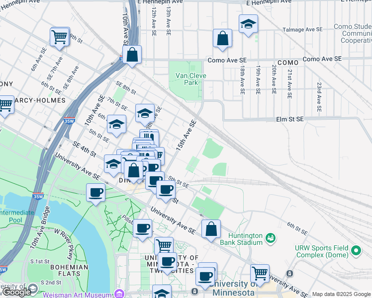 map of restaurants, bars, coffee shops, grocery stores, and more near 600 15th Avenue Southeast in Minneapolis