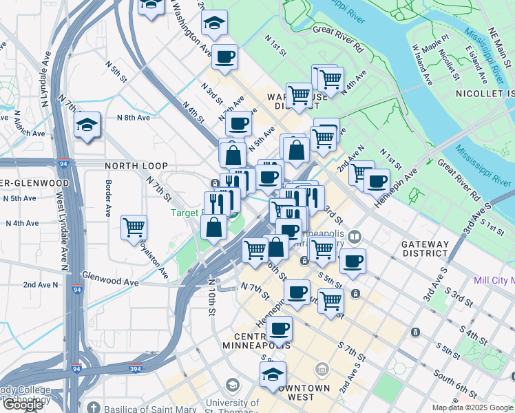 map of restaurants, bars, coffee shops, grocery stores, and more near 424 North 3rd Avenue in Minneapolis