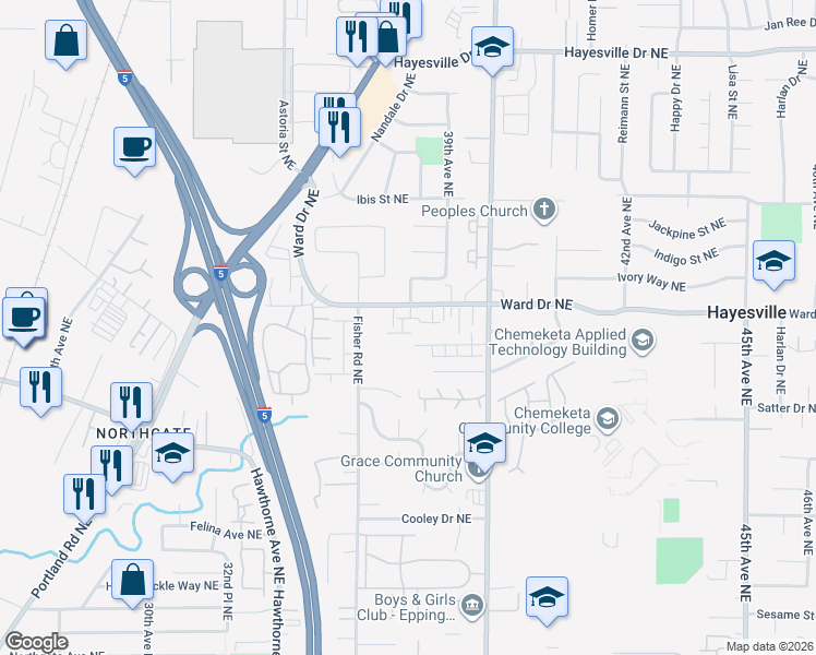 map of restaurants, bars, coffee shops, grocery stores, and more near 4365 Falcon View Way Northeast in Salem