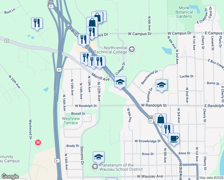 map of restaurants, bars, coffee shops, grocery stores, and more near 1508 Merrill Avenue in Wausau