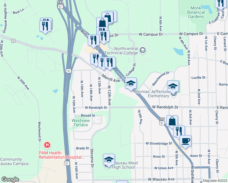 map of restaurants, bars, coffee shops, grocery stores, and more near 1427 North 12th Avenue in Wausau