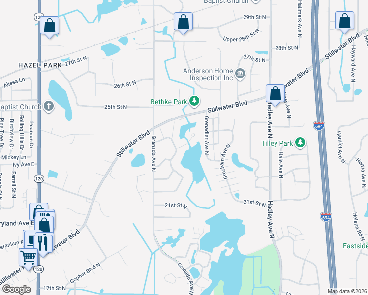 map of restaurants, bars, coffee shops, grocery stores, and more near 2299 Grange Avenue North in Oakdale